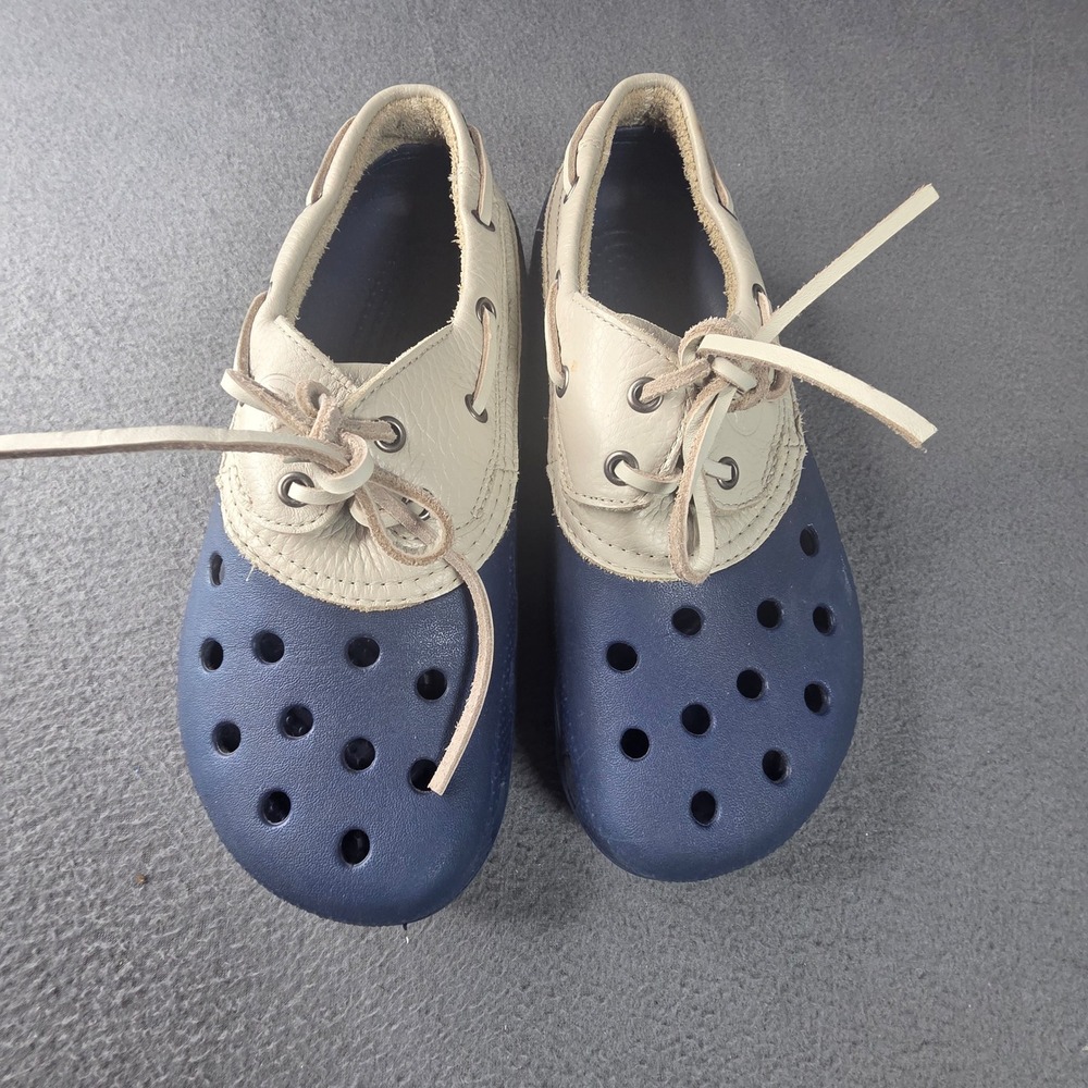 Crocs Beach Line Boat Shoes Navy Blue Cream Leather Mens 9 Womens 11 Nautical